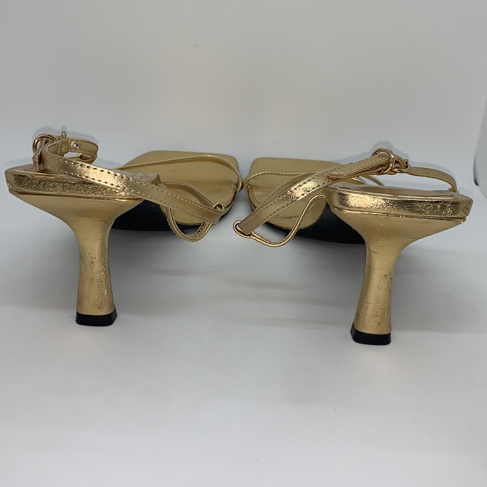 Zara Strap Sandals Gold 42 Kitten Heel Sandals Slip On Square Toe Wedding Prom - Picture 6 of 13